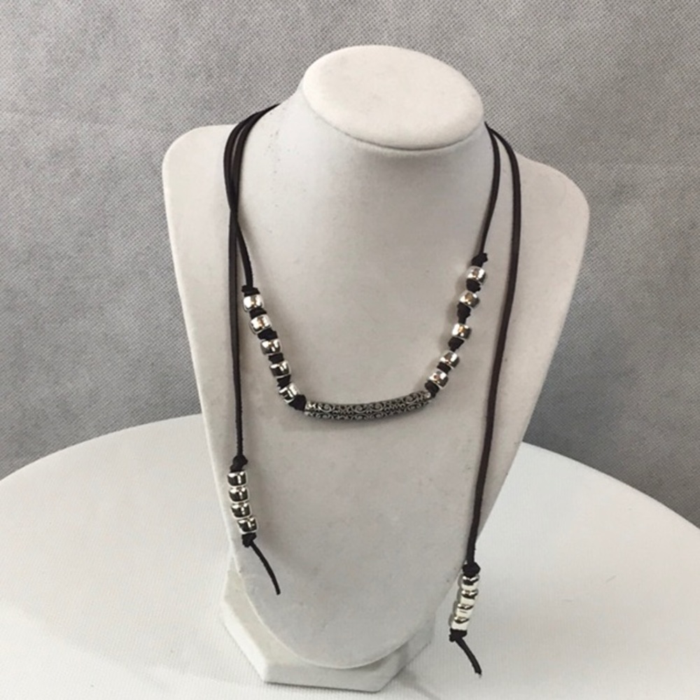 Silver beaded leather strap wrap around necklace